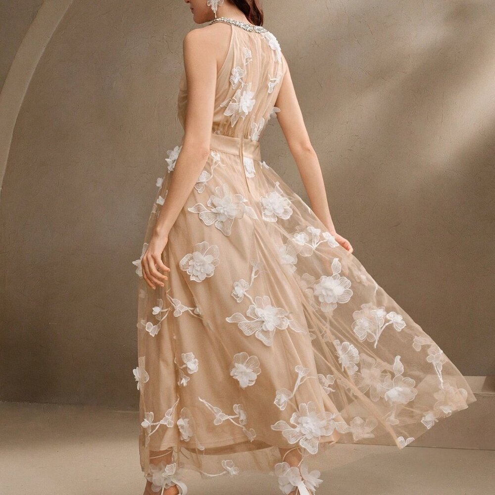 Apricot Elegant Women's 3D Floral Rhinestone Mesh Sleeveless Fitted Waist Dress - Picture 5 of 7
